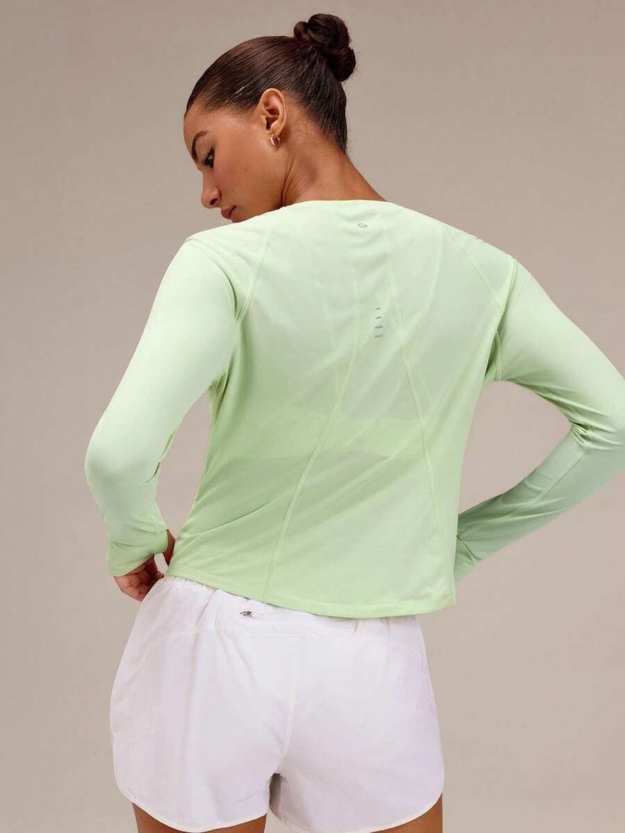 GLOWMODE Power Your Pace Ultra-Light Quick-Dry Running Long Sleeve Top With Curved Hems & Reflective Back Details Waist Length Jogging Gym Workout Active Wear - Grass Green - View 1