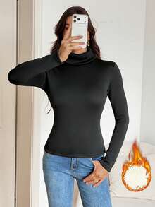 SHEIN Tall 女款純色修身百搭日常長袖T恤 - 黑色 - 查看 7