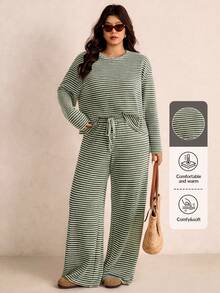 Elaquor Conjunto de 2 piezas de top de manga larga holgado y pantalones de talla grande informal - Verde - Ver 1