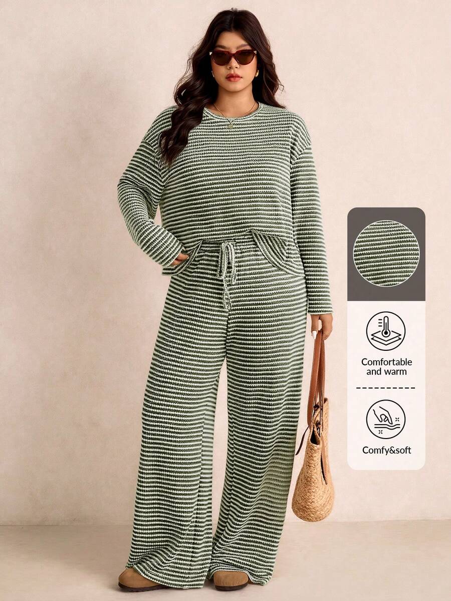 Elaquor Conjunto de 2 piezas de top de manga larga holgado y pantalones de talla grande informal - Verde - Ver 1