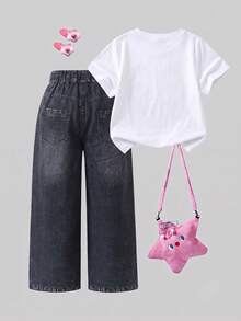 SHEIN Sparklyn 女童 T-shirt 套裝，白色短袖圓領 T-shirt 配可愛卡通動漫印花，黑色印花直筒長褲，2 件套，夏季兒童時尚服飾，充滿活力夏日氛圍，適合外出與上學穿著 - 彩色 - 查看 2