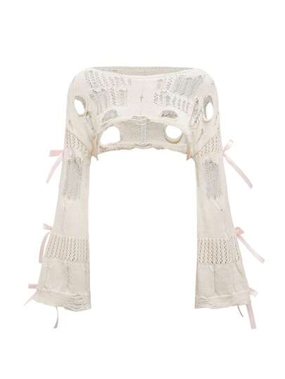 Kawaii Suéter holgado ultra corto y adorable con decoración de lazo hueco y mangas caídas para mujer (estilo Himekaji)
