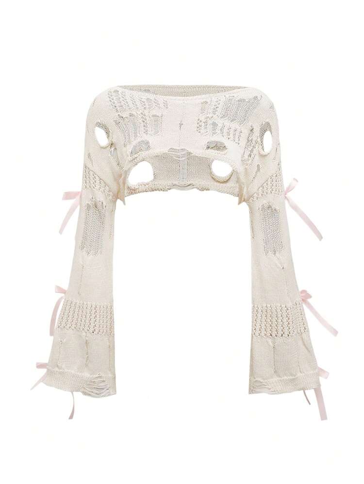 ROMWE Kawaii Cute & Gentle Ultra Short Loose Hollow Out Bow Decor Drop Shoulder Women Himekaji Sweater - White - View 1
