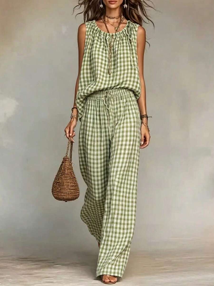 SHEIN Franclia Women's Green Plaid Halter Top And Trousers Set Elegant Boho Vintage Casual Choice For Summer Vacations Or Parties Picnic - Multicolor - View 1