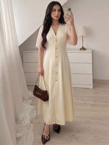 Duskaine Women's Solid Color V-Neck Single-Breasted Elegant Midi Dress - Apricot - View 5