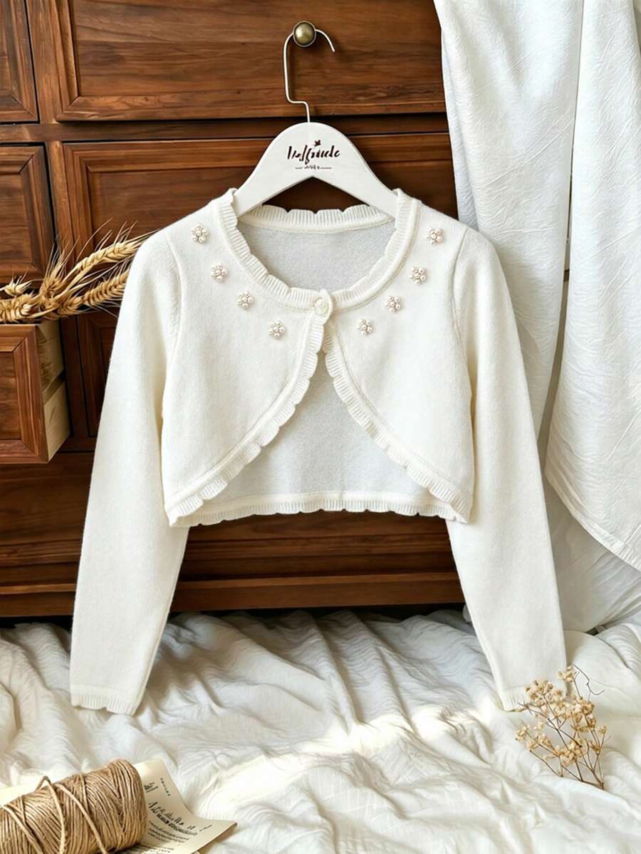 SHEIN Vintaside Kids 青少年女孩極簡百搭串珠裝飾披肩開襟衫,返校秋季休閒日常穿搭 - 白色 - 查看 1