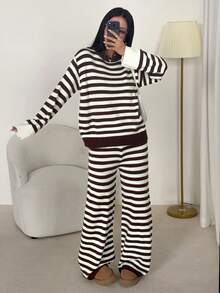 SHEIN PETITE 時尚棕色條紋毛衣兩件套，適合嬌小女性，休閒商務職場穿搭 - 棕色 - 查看 3