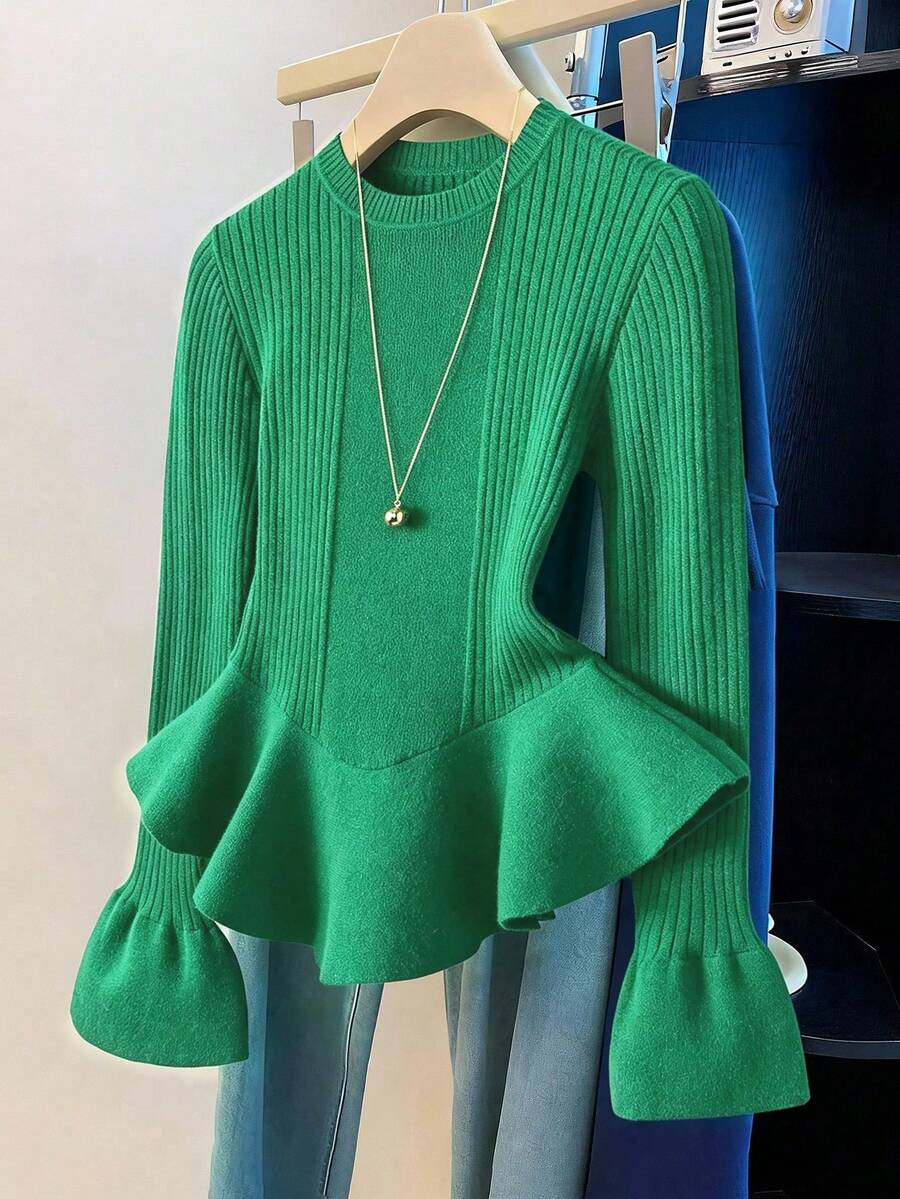 Franclia Suéter casual de otoño de unicolor con ribete de volantes - Verde - Ver 1