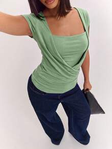 SHEIN BAE Sage Green Short-Sleeved T-Shirt With A Slouch Collar, Sexy Elegant Hot Girl, Comfortable And Casual, Brunch Summer - Mint Green - View 5