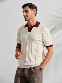 VeloEdit Men's Knit Polo Shirt Short Sleeve,Contrast Color Summer Casual Smart Casual Commuter Top,Solid Color Single-Breasted Versatile Vacation - White - View 5