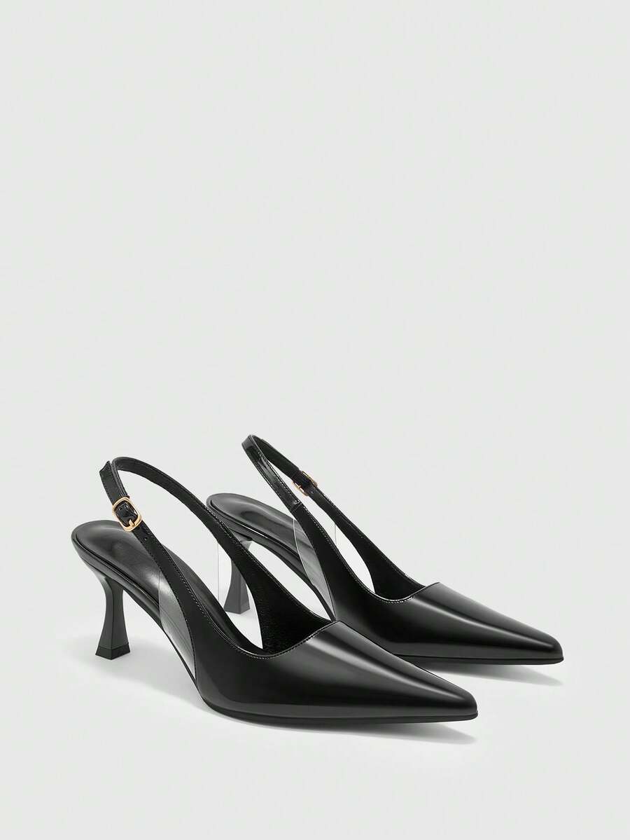 CUCCOO BIZCHIC New Pointed Thin High Heel Black Glossy Buckle Rear Strap Slingback Women's High Heel Shoes Fashionable And Simple Daily Commute To Work Profession Fall Shoes - Black - View 1