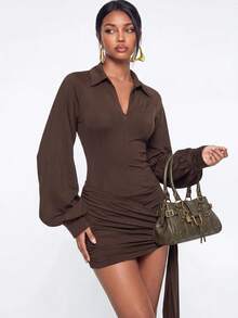 Avantive Women's Solid Color Lantern Sleeve Zipper Placket Ruched Jumpsuit - Brown - View 6