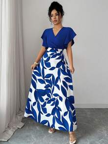 Elenzga Women's Elegant Burgundy Red Leaf Pattern Ruched Cap Sleeve Fitted Flared Dress, Spring/Summer - Blue - View 7