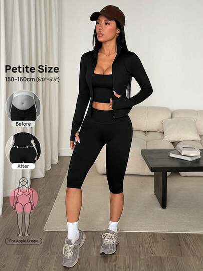 SHEIN PETITE Women's Solid Color Long Sleeve Zipper Front Cropped Top And Capri Length Leggings Set