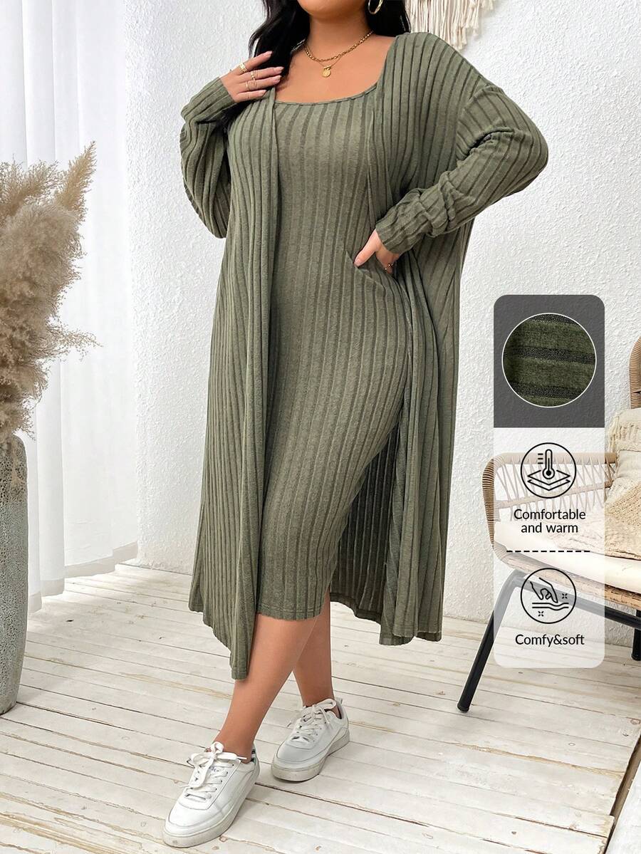 SHEIN Essnce Plus Size Women's Autumn Olive Green Two-Piece Set,Casual Everyday Smart Casual Long Sleeve Tight Dress And Long Cardigan Coats Set,Fall Clothes - Green - View 1