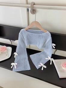 SHEIN Girls' Beige Pullover Sweater, Cute Casual Fashion 3D Pink Bow Knit Top - Blue - View 1