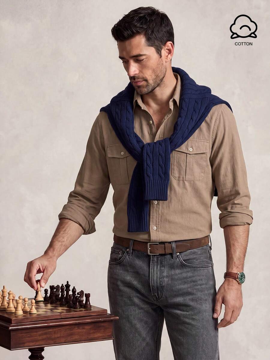 Lornavo Men's Cotton Solid Color Long Sleeve Single-Breasted Work Office Business Shirt Teachers' Day Khaki Autumn Casual - Khaki - View 1