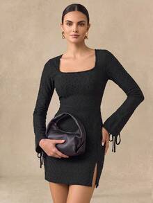 Almamuse-D Straight Fit Lace-Up Square Neck Slit Black Mini Dress For Women, Spring/Summer/Autumn Seasons - Black - View 1