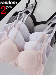 [2pcs Randomly Sent]Simple Girl's Wireless Bra, Thin Solid Color Sports Bra, Bandeau Bra For Teenage Girls - Multicolor - View 3