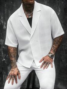 SLATEMANN Set da uomo con camicia a maniche corte casual ampia con colletto a revers, design a doppio petto e texture a nido d'ape tinta unita, e pantaloni lunghi con vita elastica - Bianco - Visualizzare 1