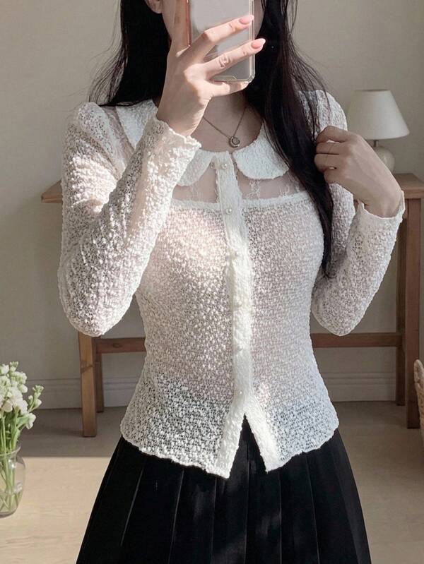 DAZY Women's Autumn Peter Pan Collar Long Sleeve White Mesh Patchwork Pearl Button Fitted Sweet Elegant Cardigan T-Shirt Top For Dating, Commuting, Wedding, Banquet