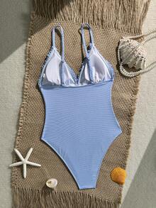 Swim Mod 1pc Striped Ruffle Strap One-Piece Swimsuit For Women, Summer - Blue and White - View 2