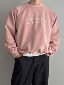 DAZY Spring/Autumn Pink Loose Short Crew Neck Sweatshirt With Ribbed Hem And Cuffs, Letter Embroidery Pullover Sweatshirt For Men - Pink - View 4