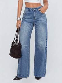 Avantive Women's Fashion Versatile Button Pocket Loose Denim Jeans - Medium Wash - View 1