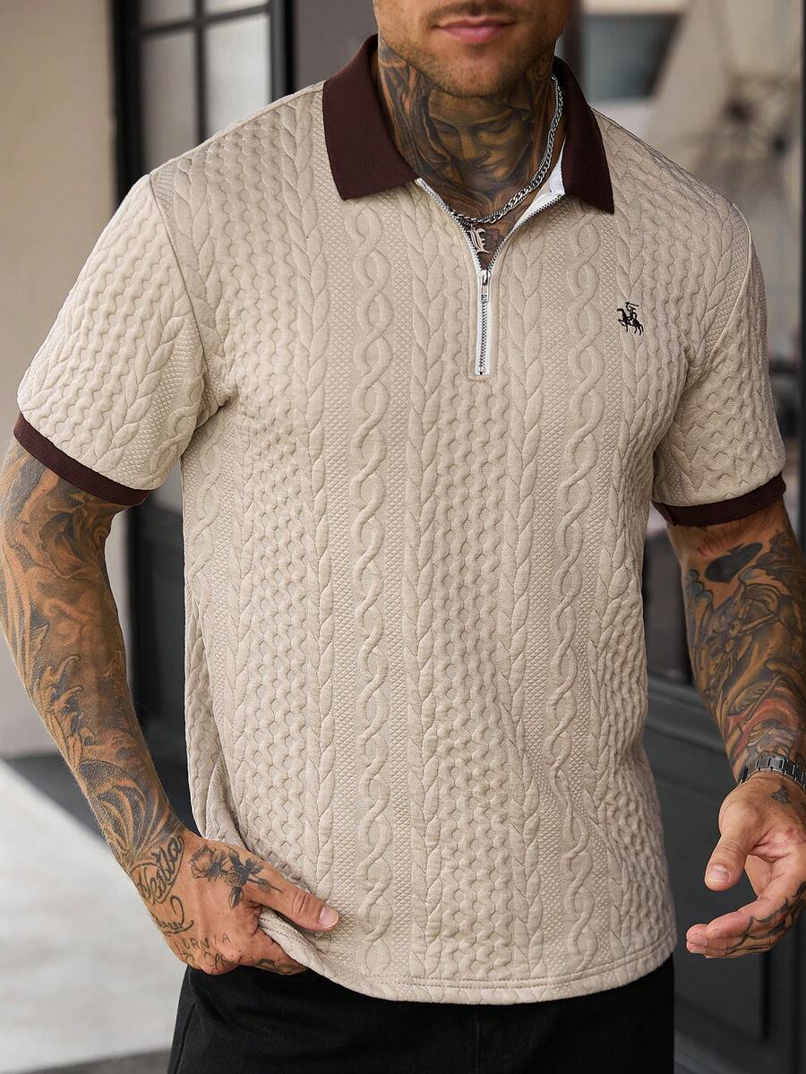 Manfinity CasualCool 男士休閒短袖 Polo 衫,男士針織提花上衣,圖案短袖 Polo 衫,復古風格,日常休閒 - 卡其色 - 查看 1
