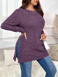 SHEIN Frenchy Kaos Kasual Lengan Panjang Leher Bulat Belahan Samping Warna Polos untuk Wanita Ukuran Besar, Cocok untuk Musim Gugur - Purple - View 3