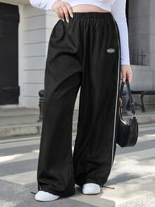 SHEIN Essnce Plus Size Side Stripe Patch Drawstring Jogger Pants Fall - Black - View 7