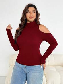 SHEIN Essnce 大尺碼女款秋冬時尚休閒高彈力舒適日常基礎百搭修身露肩紅色高領修身上衣，秋季穿搭，打底上衣，上班上衣，冬季衣物，外出上衣 - 酒紅色 - 查看 5