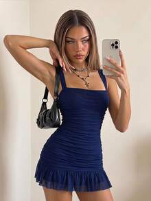 SHEIN ICON 女士优雅纯色网纱褶皱修身迷你连衣裙 - 藏蓝色 - 查看 3