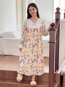 SHEIN Tween女孩寬鬆休閒刺繡蕾絲飾邊拼接碎花小花梭織長袖蝴蝶結家居睡袍 黃色長款睡裙 - 黃色 - 查看 6
