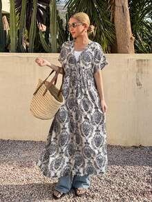 FRIFUL Women's Casual Vacation All-Over Print Dress Sundress Boho - Black and White - View 3
