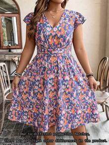 EMERY ROSE Plus Size Women's Floral V-Neck Cap Sleeve Ruched Waist Dress - Dusty Blue - View 1