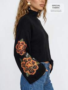 CAJUNI 女款優雅貼花刺繡高領上衣，波希米亞風，度假穿搭 - 黑色 - 查看 7