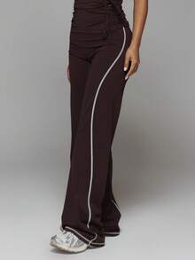 Musera Sport Foldover Waist High Rise Contrast Stitch Fitted Flare Active Yoga Pant  Fall Autumn Winter Gym Workout Cute - Chocolate Brown - View 3