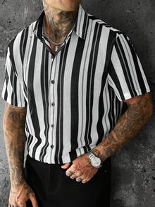 SLATEMANN Men's Striped Colorblock Single-Breasted Short Sleeve Shirt - Multicolor - View 5