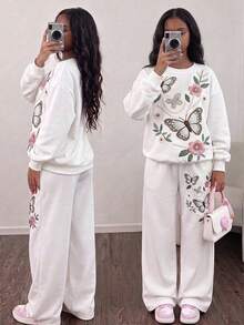 SHEIN Tween Girl 花卉 T-shirt 波西米亞野花上衣 植物圖案衛衣與長褲 2 件套 - 白色 - 查看 3