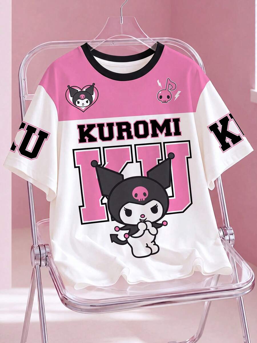HELLO KITTY AND FRIENDS | SHEIN 大码女式圆领卡通字母印花休闲百搭日常T恤 - 白色 - 查看 1