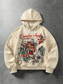 ROMWE MEN Men's Tiger Head & Calligraphy Vintage Tattoo Print Loose Fit Pullover Sweatshirt - Apricot - View 1