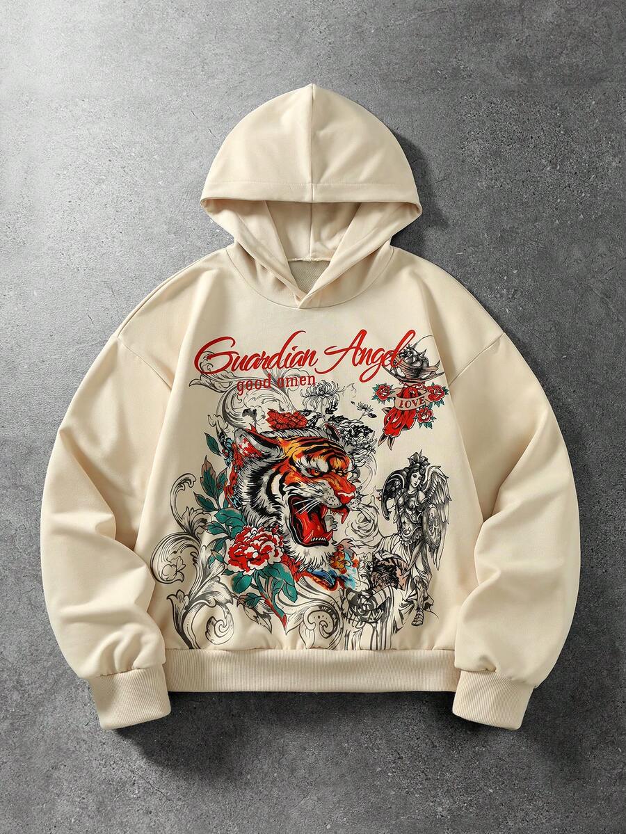 ROMWE MEN Men's Tiger Head & Calligraphy Vintage Tattoo Print Loose Fit Pullover Sweatshirt - Apricot - View 1