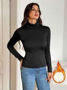 SHEIN Tall 女款純色修身百搭日常長袖T恤 - 黑色 - 查看 6