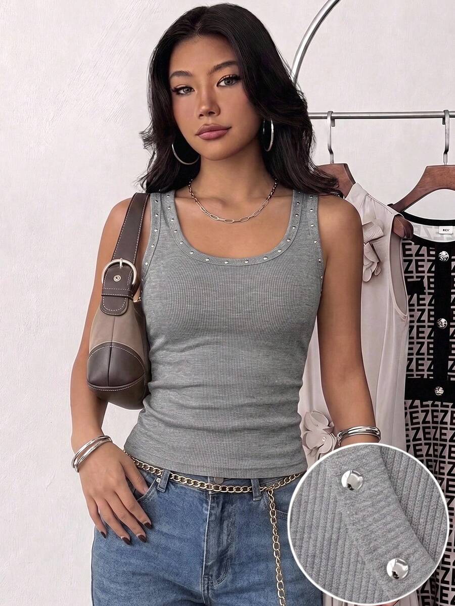 SHEIN Teen Girls Tank Tops & Camis Summer New White Ribbed Stud Decor U-Neck Fitted Tank Top - Grey - View 1