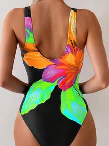 SHEIN Swim 1 件女士优雅花卉印花高领连体泳衣 - 彩色 - 查看 2