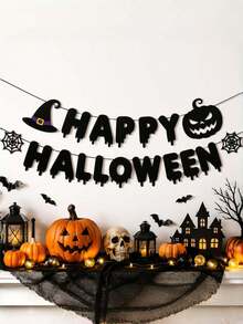 萬聖節橫幅：HAPPY HALLOWEEN 南瓜吊掛橫幅，黑色恐怖派對背景裝飾 - 查看 4