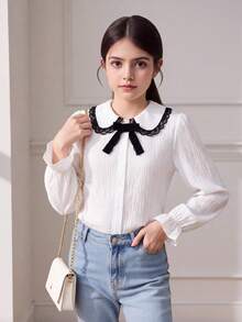 SHEIN 少女蕾絲飾邊休閒百搭日常長袖襯衫 - 白色 - 查看 6