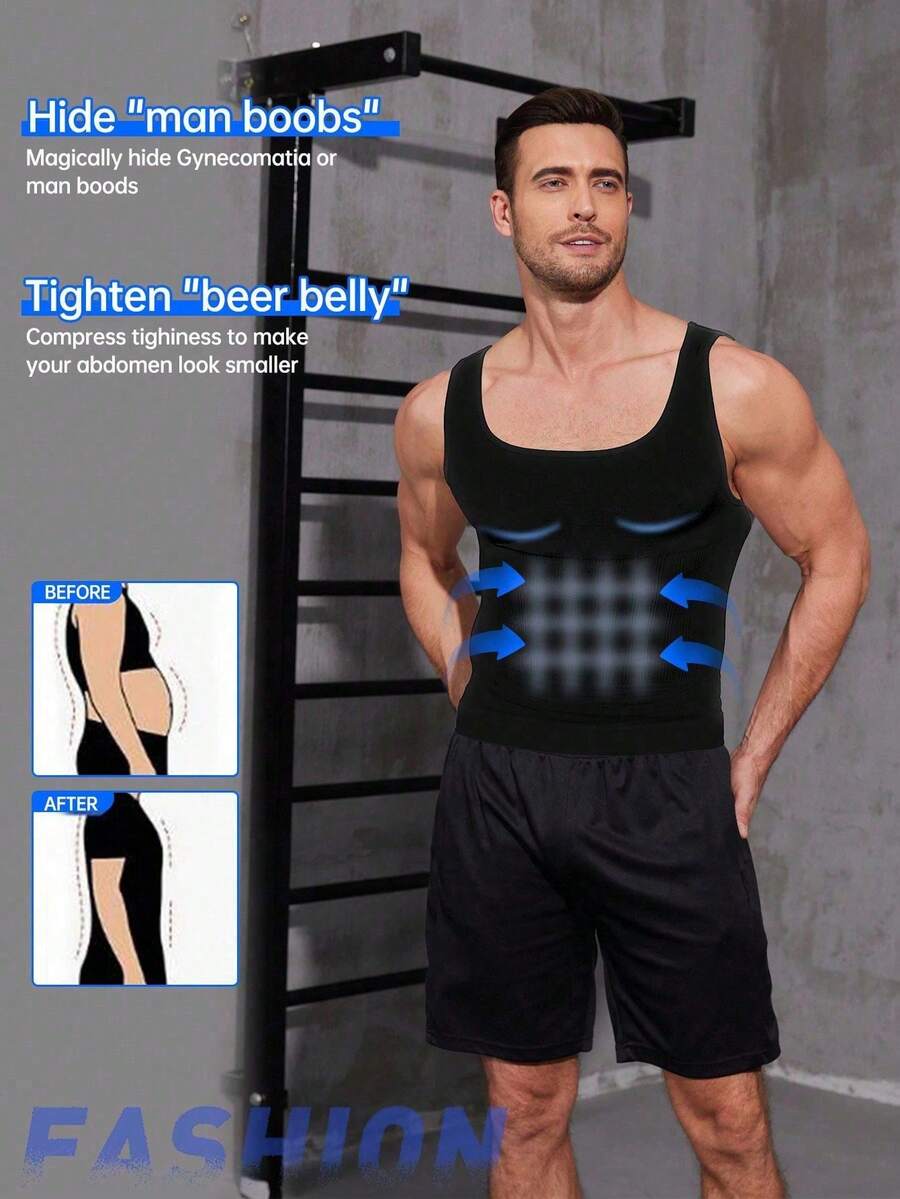Men's Solid Color Scoop Neck Back Support Shaping Tank Top - Black - View 1