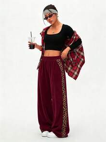 SHEIN LUNE Women's Autumn/Winter Leopard Print Patchwork Casual Straight Leg Pants - Burgundy - View 3